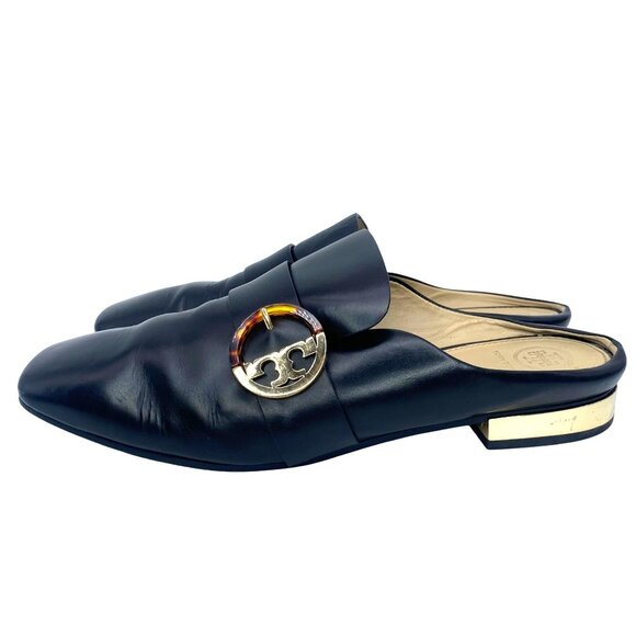 Tory Burch Sidney backless loafers black leather gold-tone heel/logo buckle sz10 - Picture 14 of 14